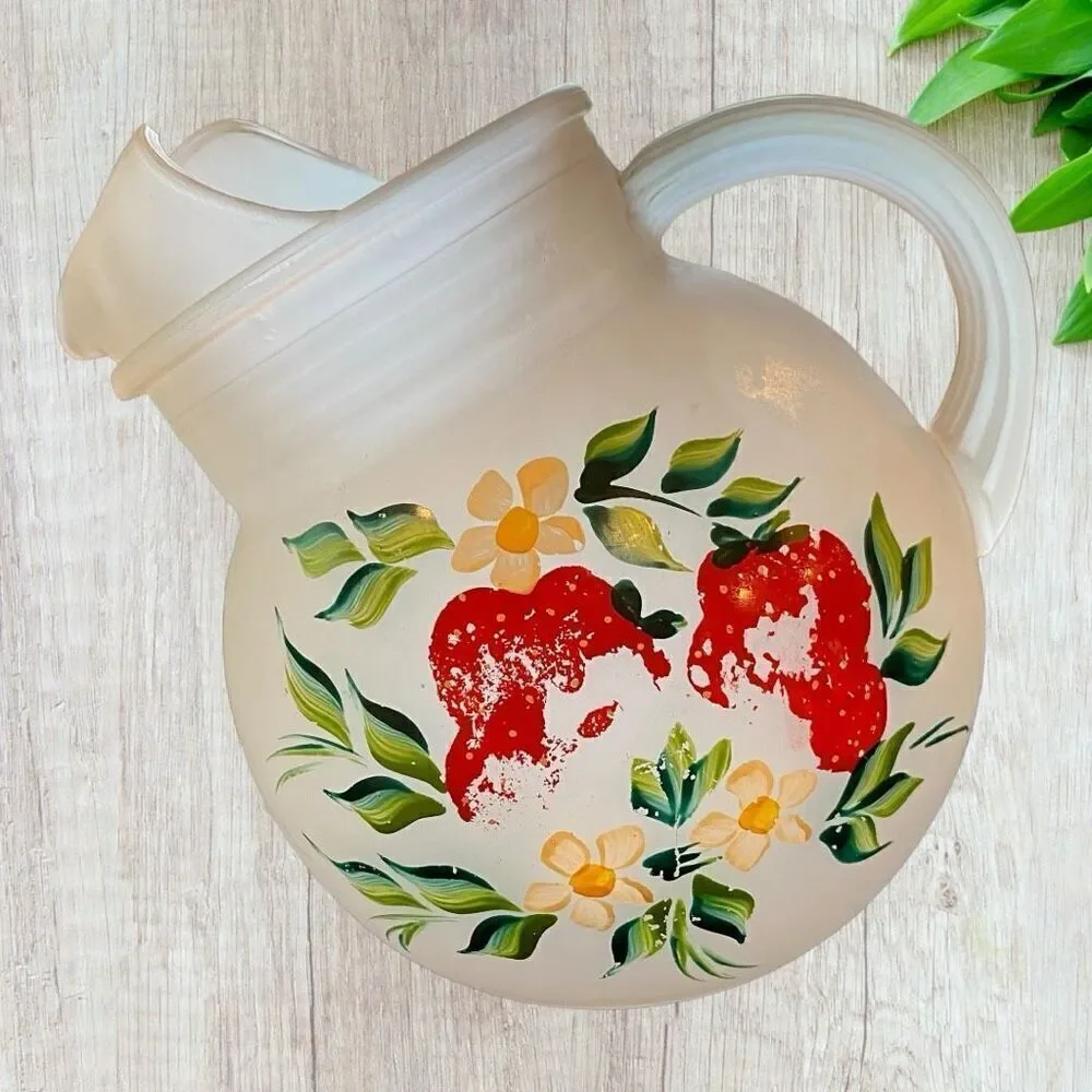 Vntg Hand Painted Strawberries Frosted Glass Juice Set 1950s Mid Century Modern